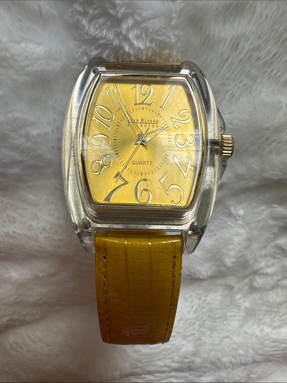 JOAN RIVERS Vintage Classic Yellow Dial Quartz Watch with Clear Case Collectable